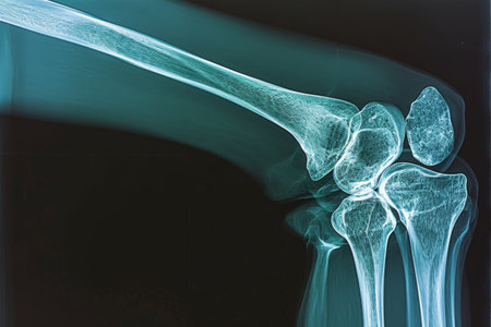 This x-ray image depicts a detailed view of a long bone, showcasing its internal structure and composition, Detailed X-ray of the thigh bone, AI Generatedの素材