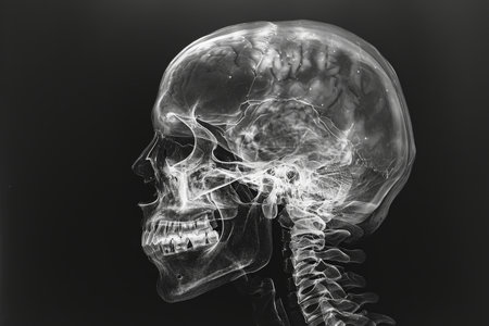 An x-ray image capturing the detailed structure of a human skull with a skeletons head and neck, D X-ray film of the human cranium, AI Generatedの素材