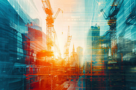A bustling cityscape filled with towering buildings and construction cranes, Double exposure concept of construction in a futuristic city, AI Generatedの素材