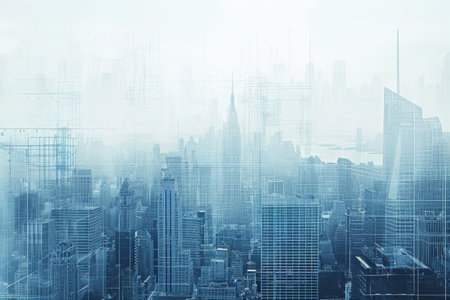 A Vibrant Urban Landscape With Towering Skyscrapers, Double exposure of an engineering blueprint and city skyline, AI Generatedの素材