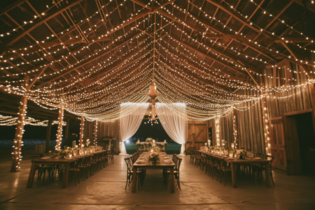 A spacious room filled with a large table and chairs adorned with sparkling lights, Dreamy fairy-lit evening wedding in a rustic barn, AI Generatedの素材