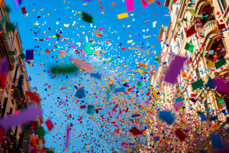 A bustling street filled with vibrant confetti, creating a lively and energetic atmosphere, Dozens of colorful confetti showering over a parade, AI Generatedの素材