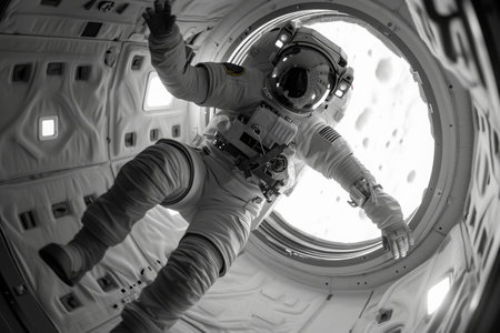 Astronaut in Space Station, Draw a life-like portrait of an astronaut wearing a suit, floating weightlessly inside a space capsule, AI Generatedの素材