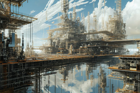 A Painting of a Factory With an Array of Pipes, Dual representation of a future city and its construction process, AI Generatedの素材