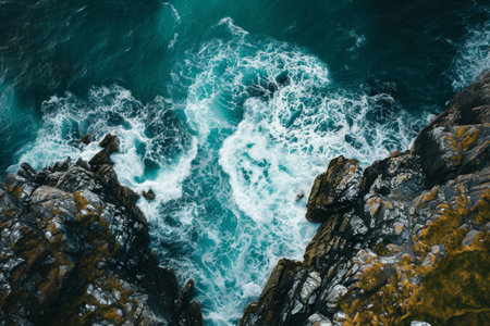 This photo captures a breathtaking view of the ocean from a cliff, showcasing the vast expanse of water and the rocky terrain, Drone view of the roaring sea and rocky landscape, AI Generatedの素材