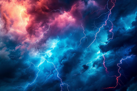 A vibrant cloud illuminated by multiple bolts of lightning, displaying a captivating natural spectacle, Electrifying lightning bolts in a disastrous stormy sky, AI Generatedの素材