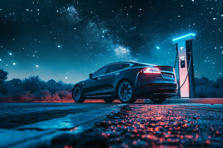 A car parked at a gas station during the nighttime, with bright lights illuminating the scene as it refuels, Electric car at a charging station under a starlit sky, AI Generatedの素材