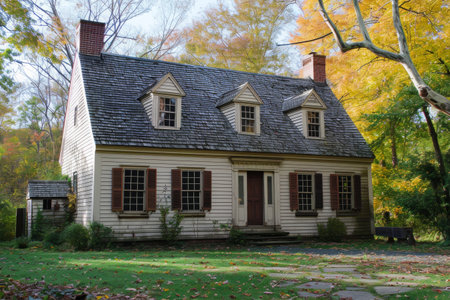 A photo capturing a house painted in white, with eye-catching red shutters and a distinctive black roof, Early American colonial houses, AI Generatedの素材