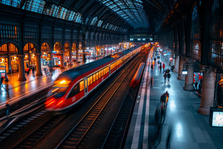 A train is seen traveling down train tracks next to a train station, Electric trains in a busy railway station, AI Generatedの素材