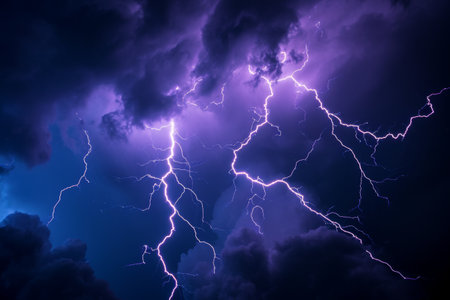 A photo capturing a dramatic purple and blue sky filled with intense electric bolts of lightning, Electrifying lightning bolts in a disastrous stormy sky, AI Generatedの素材