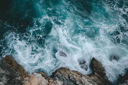 This photo shows an expansive aerial view of the ocean with prominent rocks jutting out, creating striking formations, Elevated view of ocean waves splashing against a rocky shoreline, AI Generatedの素材