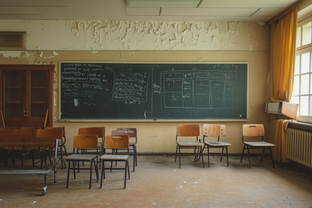 A classroom filled with several chairs and a blackboard, providing a space for learning and education, Empty classroom with a blackboard covered in complex mathematical equations, AI Generatedの素材