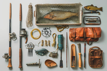 Assorted Fishing Gear Arranged on a Table, Equipment used by a deep-sea fisherman, including rods, nets and baits, AI Generatedの素材