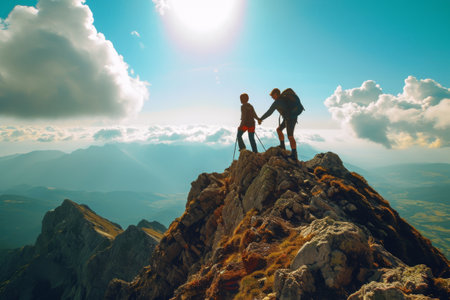Two people standing on the summit of a mountain, taking in the view and enjoying their accomplishment, Epic display of a hiker lending a hand to a friend on a mountain top, AI Generatedの素材