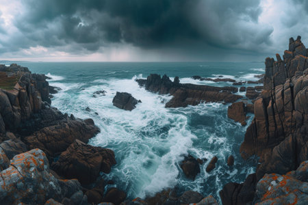 A photograph showcasing a vast expanse of water encircled by rocks, emphasizing the natural beauty of the landscape, Epic high altitude panorama of a stormy sea meeting a rocky coast, AI Generatedの素材