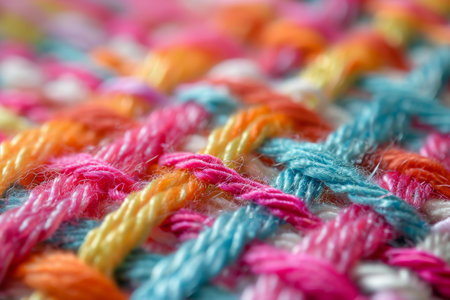 This photo captures a detailed close-up of a vibrant and intricate crochet pattern composed of various colors, Extreme close-up of the woven threads in a piece of fabric, AI Generatedの素材