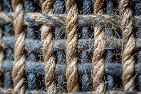 This close up photo showcases the intricate details and texture of a rope, Extreme close-up of the woven threads in a piece of fabric, AI Generatedの素材