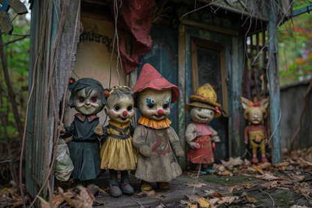 A collection of small figurines arranged on a pile of leaves, Evil looking puppet show set in an abandoned playground, AI Generatedの素材
