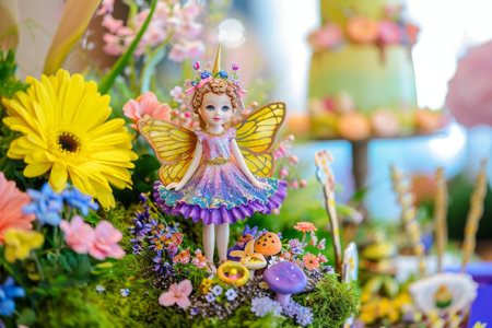 Close Up of a Fairy Figurine Surrounded by Flowers, Fantasy fairy garden with delightful and vibrant colors for a birthday theme, AI Generatedの素材