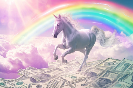 A white unicorn captured mid-stride as it runs on a large pile of money, Fantasy scene with unicorn jumping over a rainbow made of money, AI Generatedの素材