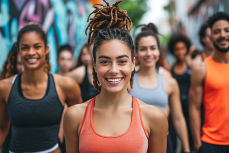 A diverse group of individuals standing together in front of a vibrant graffiti wall, posing for a photo, Fitness influencers motivating a diverse group of people, AI Generatedの素材