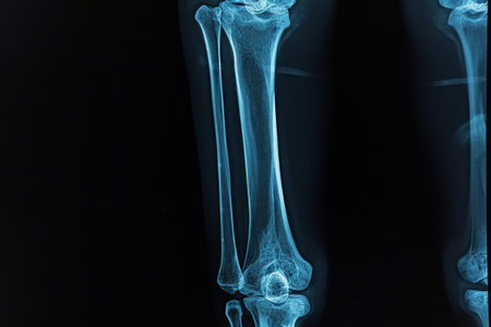 This x-ray image showcases a human leg with a clearly visible broken bone, providing an accurate medical depiction, Femur, tibia, fibula in a single X-ray shot, AI Generatedの素材