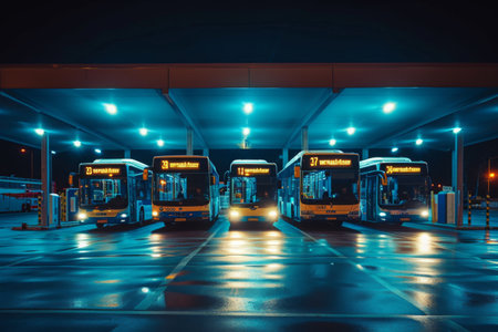 Several buses are parked at a gas station, ready to refuel and continue their journey, Fleet of electric buses charging at night in a depot, AI Generatedの素材