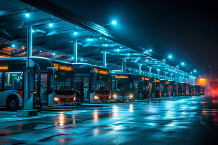 A line of buses parked closely together in a designated area, creating an organized and efficient transportation hub, Fleet of electric buses charging at night in a depot, AI Generatedの素材