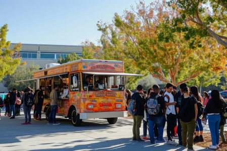 A diverse group of individuals standing around a food truck, ordering food and engaging in conversation at an outdoor event, Food truck near a lively college campus, AI Generatedの素材