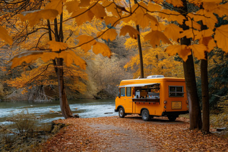 A yellow bus is seen driving down a road next to a flowing river, surrounded by scenic natural landscape, Food truck in an autumn forest setting, AI Generatedの素材