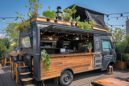 A food truck covered in lush green plants, serving delicious meals on the go, Food truck with a rooftop seating area, AI Generatedの素材