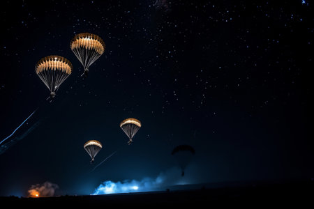 Multiple parachutes soar through the dark skies, illuminated only by the moonlight, Formation of special forces paratroopers descending from an aircraft in the night sky, AI Generatedの素材