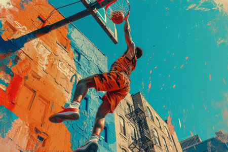 A skilled athlete leaps high into the air to slam dunk a basketball with force and precision, Frozen moment of a slam dunk in a vibrant urban scene, AI Generatedの素材