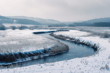 A river flows through a field covered in snow, creating a serene winter landscape, Frozen river winding through a wintry landscape, AI Generated