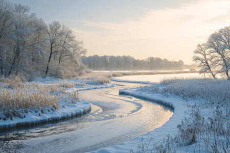 A river flows through a field covered in snow, creating a beautiful winter landscape, Frozen river winding through a wintry landscape, AI Generatedの素材