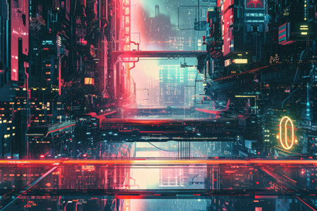 A vibrant cityscape illuminated by neon lights featuring futuristic buildings and bustling activity, Futuristic, abstract scene from a cyberpunk city, AI Generatedの素材