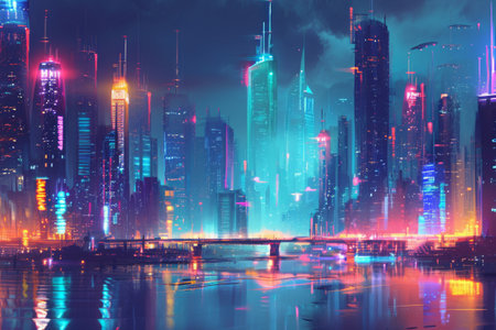 A bustling and modern city is showcased in this photo, with a prominent bridge in the foreground, Futuristic metropolis with abstract neon buildings, AI Generatedの素材