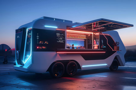 A photo of a white and black vehicle with its lights on, showcasing its unique colors and illuminated features, Futuristic food truck with interactive ordering system, AI Generatedの素材