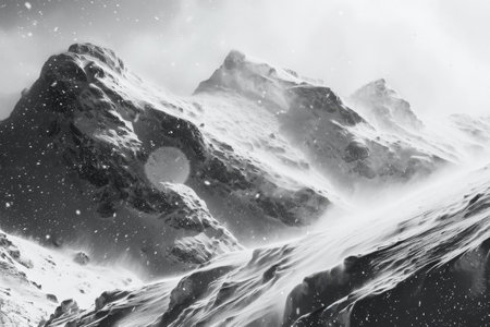 A towering mountain, covered in a pristine blanket of snow, stands boldly against the backdrop of a clear sky, Grayscale depiction of an icy blizzard, AI Generatedの素材