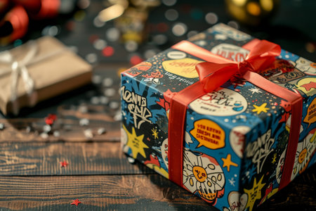 A photo capturing a present box adorned with a red bow, placed on a table, Gift box with retro comic style pattern, AI Generatedの素材