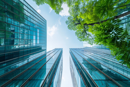 A photo capturing the view of towering buildings in a city while looking up from street level, Glass and steel skyscrapers in an eco-friendly cityscape, AI Generatedの素材