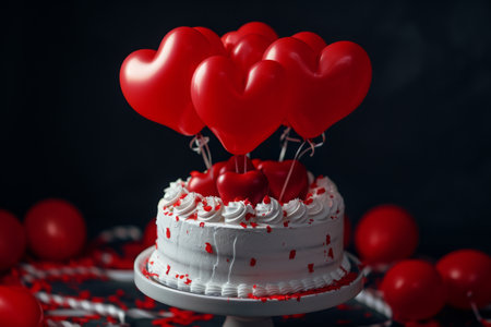A white cake adorned with numerous red hearts stands as a deliciously sweet testament to love, Heart-shaped balloons floating around a birthday cake, AI Generatedの素材