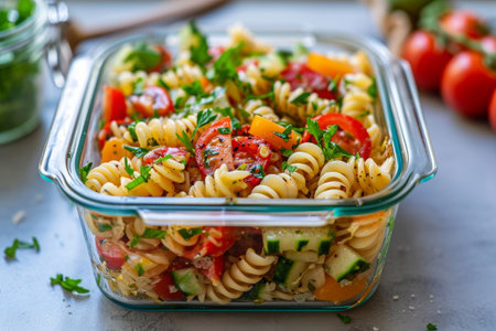 A glass casserole dish filled with colorful pasta salad, featuring a variety of vegetables and dressing, Gluten-free pasta salad in a reusable container, AI Generatedの素材