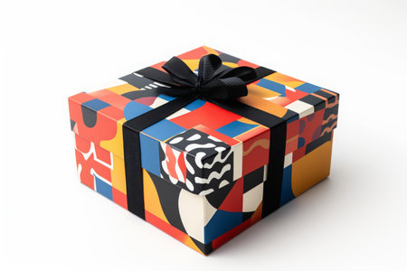 A photo of a vibrant gift box adorned with a black bow, Gift box with abstract, geometric patterns, AI Generatedの素材