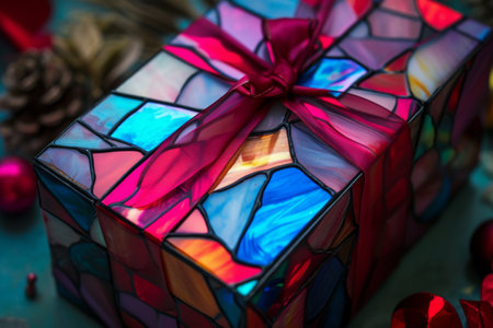 A photo featuring a vibrant box adorned with a red bow on top, Gift box with wrapping that looks like stained glass, AI Generatedの素材