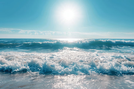 A photo capturing the sun as it shines brightly over the dynamic waves of the ocean, Glistening sunlit ocean waves under a clear blue sky, AI Generatedの素材
