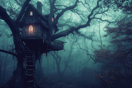 A tree house nestled amidst towering trees in the heart of a lush and dense forest, Haunted treehouse hidden in the depths of a forest, AI Generatedの素材