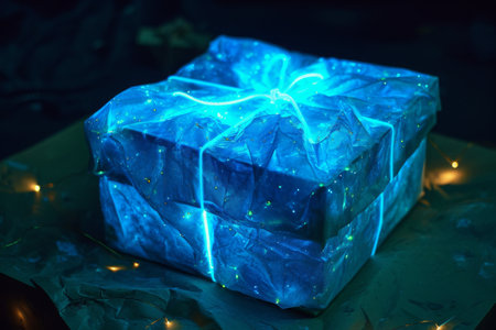 A glowing blue gift box sits on a table, emitting a soft, ethereal glow, Gift box with glowing, bioluminescent wrapping, AI Generatedの素材