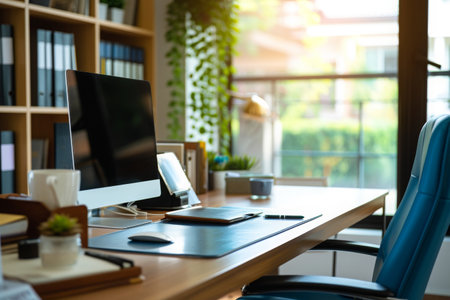 A desk with a computer monitor displaying information, a keyboard, and a mouse, ready for work, Highly organized and neat business office, AI Generatedの素材