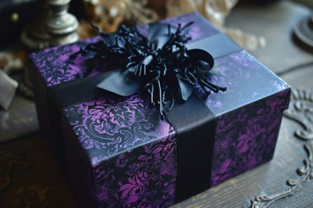 A detailed view of a gift box in purple and black colors, Gothic style, black and purple gift box, AI Generatedの素材